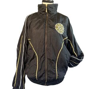 Lavon Windbreaker Jacket Womens Medium Black Gold Silver Embroidery 90s Vintage